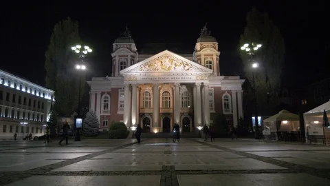 Night View In Front Of Ivan Vazov Theatre In Sofia, Bulgaria Stock Footage 127168111