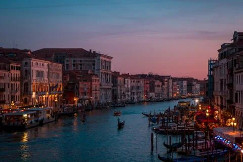 Night view of the Grand Canal from the Rialto Bridge, Venice, Italy Stock Photos