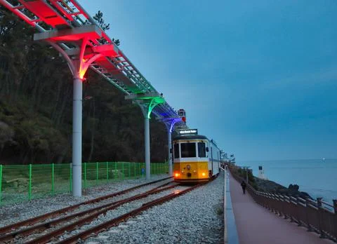 Night view of Haeundae Beach Train, Busan, South Korea, Asia. Stock Photos