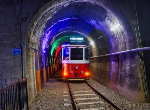 Night view of Haeundae Beach Train, Busan, South Korea, Asia. Stock Photos