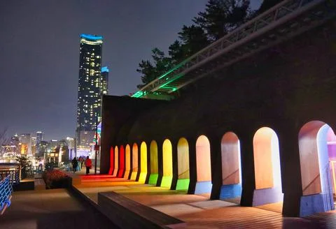 Night view of Haeundae Beach Train, Busan, South Korea, Asia. Stock Photos