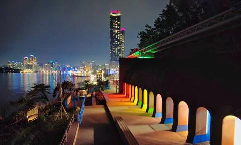 Night view of Haeundae Beach Train, Busan, South Korea, Asia. Stock Photos