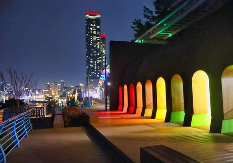 Night view of Haeundae Beach Train, Busan, South Korea, Asia. Foto stock