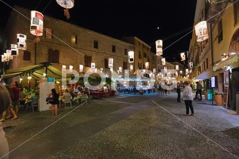 Night view of the historic center with the bustling city life of the city of Stock Photos