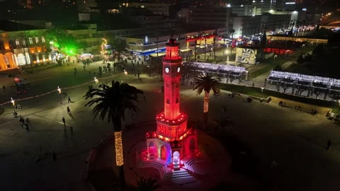 Night view of the historical clock tower, izmir - Turkey Stock Footage 292918817