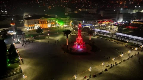 Night view of the historical clock tower, izmir - Turkey Stock Footage 292918963