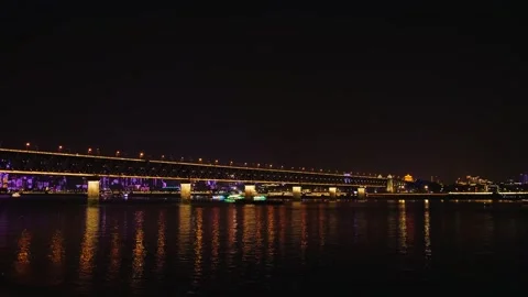 Night view of illuminated bridge over Yangtze River Stock Footage 342306914