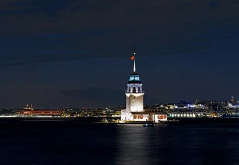 Night View Illuminated Lighthouse Tower in Istanbul, Turkey Stock Photos