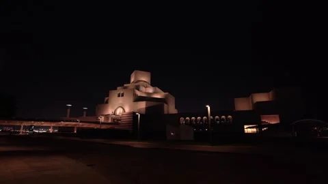 Night View of the Illuminated Museum of Islamic Art Architecture in Doha, Qatar Stock Footage 336923542