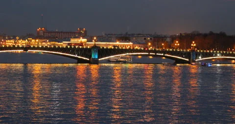 Night view to illuminated Trinity bridge in Saint-Petersburg, Russia Stock Footage 97033787