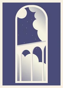 Night view illustration with clouds and bridge print. Modern abstract aesthetic Stock Illustration