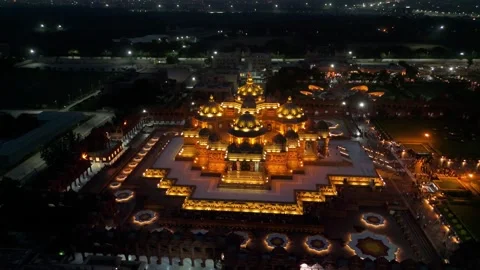 Night View of Indian Heritage – Drone Cinematics of Akshardham Temple Stock Footage 310656107