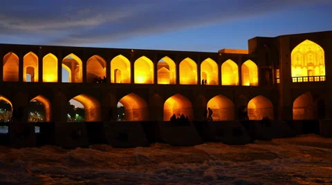 Night view of Khaju Bridge (Pol-e Khaju) in Isfahan, Iran Stock Footage 67559639