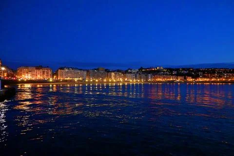 Night view of La Concha Beach, San Sebastian Stock Photos