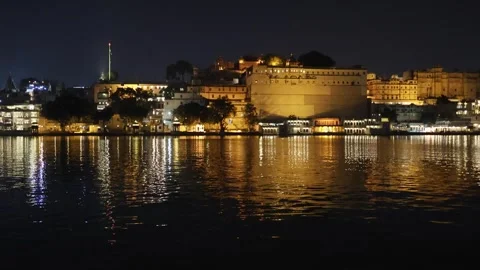 Night View of Lake City with Dramatic Lighting from Unique Perspective Stock Footage 284824932