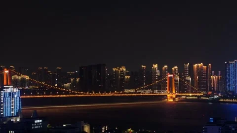 Night view of the landmark city on the two rivers and four banks of Wuhan, China Stock Footage 292618385