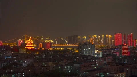 Night view of the landmark city on the two rivers and four banks of Wuhan, China Stock Footage 292620992