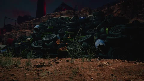 Night view of a large pile of discarded tires and a blue barrel in a dry rocky Видео 318321179