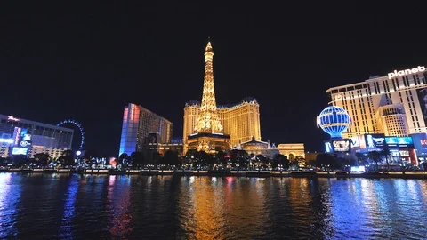 Night view of Las Vegas Strip and Eiffel Tower (Nevada) - 4K 2018 Stock Footage