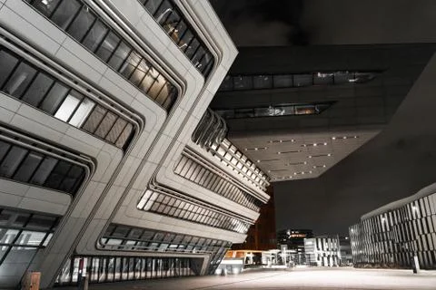 Night view of Library and Learning Center in Vienna University of Economics a Stock Photos