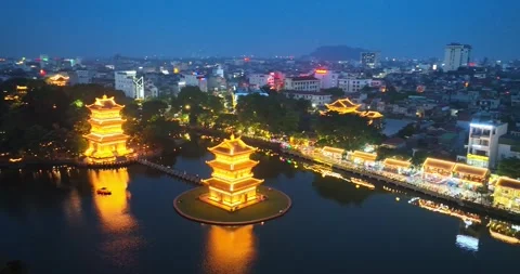 Night view of light up in Hoa Lu ancient town, Ninh Binh, Vietnam. Stock Footage 342368630