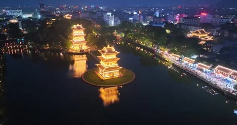 Night view of light up in Hoa Lu ancient town, Ninh Binh, Vietnam. Stock-Footage 342368698