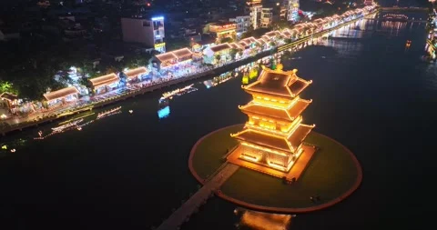 Night view of light up in Hoa Lu ancient town, Ninh Binh, Vietnam. Stock Footage 342368706