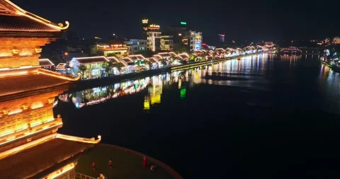 Night view of light up in Hoa Lu ancient town, Ninh Binh, Vietnam. Video stock 342368720
