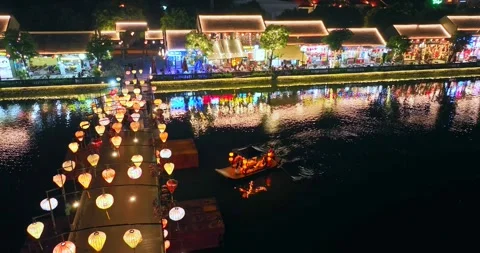 Night view of light up in Hoa Lu ancient town, Ninh Binh, Vietnam. Stock Footage 342368739