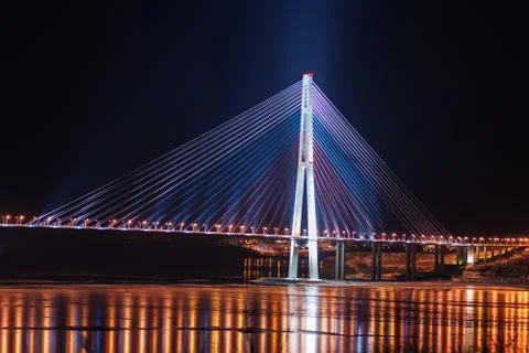 Night view of the longest cable-stayed bridge in the world in the russian vla Stock Photos