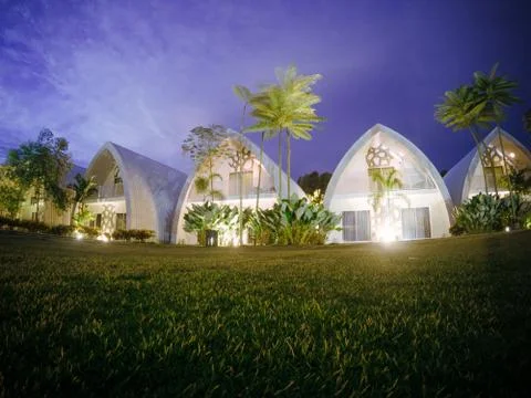 Night view at low angle of chic and street art hotel building (dash box) 写真素材