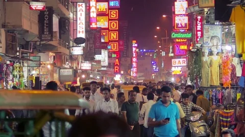 Night view of Main bazar street in Delhi, India. Slow motion dolly shot Stock Footage