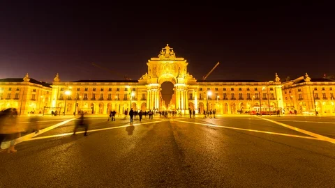 Night view on the Main Square in Lisbon Stock Footage 90607592