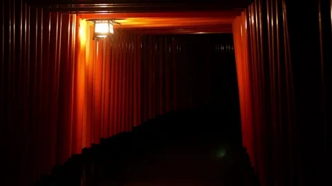 Night view of many torii japnese wooden gate along the walking way in Fushi.. Stock Footage 281833571