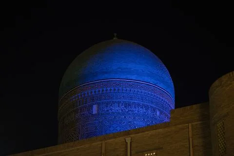 Night view of the Mir-i Arab Madrasa in Bukhara, Uzbekistan Stock Photos