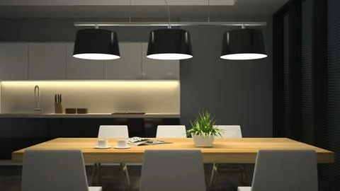 Night view modern interior of dining room 3D rendering Stock Photos