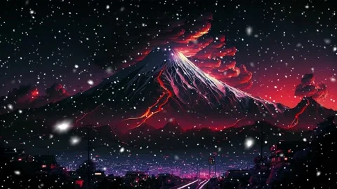 Night view of Mount Fuji.  Falling snowflakes. Loop. Snowfall. Stock Footage 235626431