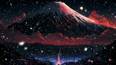 Night view of Mount Fuji.  Falling snowflakes. Loop. Snowfall. Stock Footage 235626437