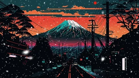 Night view of Mount Fuji.  Falling snowflakes. Loop. Snowfall. Stockbeeldmateriaal 241488228