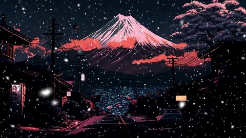 Night view of Mount Fuji.  Falling snowflakes. Loop. Snowfall. 스톡 동영상 241488229