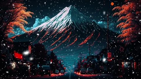 Night view of Mount Fuji.  Falling snowflakes. Loop. Snowfall. Stock-Footage 241488230