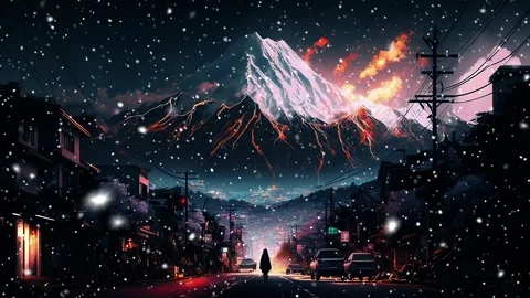 Night view of Mount Fuji.  Falling snowflakes. Loop. Snowfall. Stock Footage 241488264