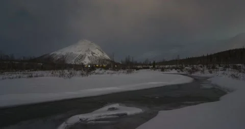 Night view of the mountain and river in winter Stock Footage 323647161