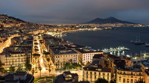 Night view of Naples, Italy. Evening time lapse of illuminated Naples with old Stock-Footage 101370830