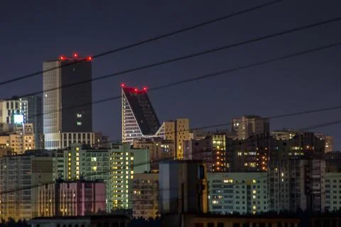 Night view of the neighbourhood with high-rise apartment blocks Stock Photos