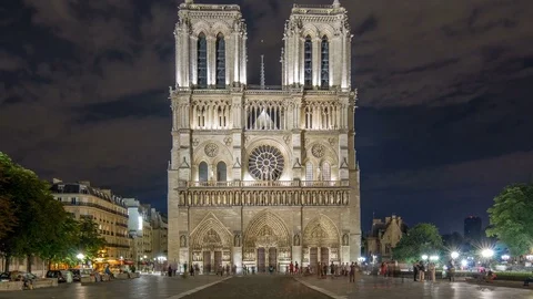 Night View of Notre Dame de Paris timelapse, France and square in front of the Stock Footage 80595152