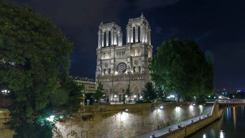 Night View of Notre Dame de Paris timelapse hyperlapse, France Stock Footage 142281427