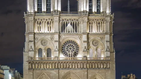 Night View of Notre Dame de Paris timelapse, France and square in front of the Stock Footage 236708871