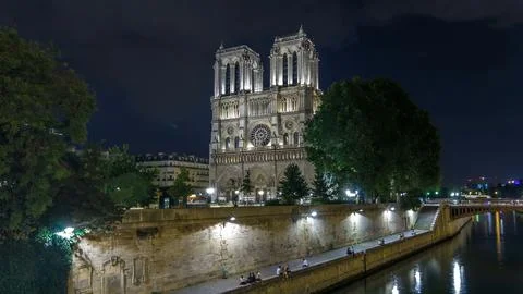 Night view of Notre Dame de Paris timelapse hyperlapse, France Stock Photos