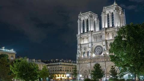 Night view of Notre Dame de Paris timelapse, France Stock Photos
